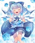  1girl alternate_costume arms_up bangs blue_bow blue_dress blue_flower blue_hair blue_neckwear blue_ribbon blue_rose blurry blurry_background blush bow buttons center_frills cirno closed_eyes collared_dress commentary_request dress eyebrows_visible_through_hair feet_out_of_frame floating floating_object floral_print flower frills glitter hair_bow happy highres ibaraki_natou ice ice_wings knees_together_feet_apart lower_teeth open_mouth outstretched_arms ribbon rose shiny shiny_hair short_hair solo standing teeth thigh_strap tongue touhou upper_body upper_teeth white_background wing_collar wings 