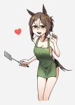  1girl animal_ears apron bangs bare_shoulders brown_hair clover_hair_ornament collarbone commentary fine_motion_(umamusume) green_eyes grey_background hair_bun hair_ornament highres holding holding_spatula horse_ears horse_girl horse_tail light_brown_hair sidelocks simple_background solo spatula tail umamusume waffle_drink 