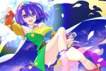  1girl belt breasts cape dress highres medium_breasts medium_hair moon muchin_jousha multicolored_clothes multicolored_dress multicolored_hairband pointing pointing_down pointing_up purple_eyes purple_hair rainbow_gradient rainbow_hair_ornament sky_print solo tenkyuu_chimata touhou two-sided_cape two-sided_fabric white_cape zipper zipper_pull_tab 