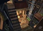  absurdres ame246 cafe door highres ivy lantern night no_humans original plant restaurant scenery stairs window wooden_floor 