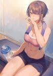  1girl arm_up blue_eyes bottle breasts brown_hair cleavage commentary_request highres looking_at_viewer mashuu_(neko_no_oyashiro) midriff navel oomikado_himari original short_hair shorts sitting sports_bra sweat thighs toned towel towel_around_neck water_bottle 