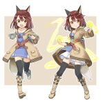  1girl absurdres amane_rosylily animal_ears beige_coat beige_footwear black_legwear boots brown_hair clenched_hands coat commentary_request dress fang fox_ears fox_girl fox_tail full_body highres hooded_coat long_sleeves open_clothes open_coat original sekira_ame short_dress short_hair smile tail thighhighs white_dress yellow_eyes 