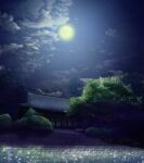  architecture building bush cloud commentary_request east_asian_architecture fence full_moon geshi grass moon moonlight night night_sky no_humans original pillar plant rooftop scenery sky stairs stone_stairs tree 