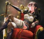  1girl armor ayra_(fire_emblem) black_hair boots breastplate breasts commentary_request dress earrings elbow_gloves fire_emblem fire_emblem:_genealogy_of_the_holy_war gloves highres jewelry long_hair looking_at_viewer picnicic purple_eyes shoulder_armor solo sword thighhighs weapon 