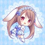  1girl animal_ears argyle argyle_legwear blue_background blue_bow blue_footwear blush bow braid brown_hair chibi commentary_request copyright_request frilled_legwear from_side full_body kneehighs leaning_forward long_hair looking_at_viewer looking_to_the_side plaid plaid_skirt pleated_skirt puffy_short_sleeves puffy_sleeves rabbit_ears red_eyes ryuuka_sane shirt shoes short_sleeves skirt solo standing twintails unmoving_pattern very_long_hair white_legwear white_shirt 