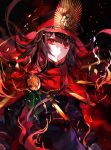  1girl absurdres bangs black_hair black_headwear black_jacket black_pants breasts buttons cape chain family_crest fate/grand_order fate_(series) hat highres jacket koha-ace long_hair long_sleeves looking_at_viewer medallion oda_nobunaga_(fate) oda_uri pants peaked_cap popped_collar red_cape red_eyes rioka_(southern_blue_sky) small_breasts 