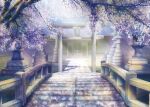  architecture bridge building cherry_blossoms commentary_request east_asian_architecture geshi grass highres no_humans original plant scenery shade shrine spring_(season) statue sunlight torii tree 