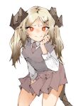  1girl absurdres alternate_hair_length alternate_hairstyle arknights blonde_hair blush brown_necktie brown_skirt brown_vest collared_shirt cowboy_shot demon_girl demon_horns demon_tail hair_ornament hairclip highres horns ifrit_(arknights) long_hair long_sleeves looking_at_viewer necktie orange_eyes pleated_skirt shirt simple_background skirt slit_pupils smile soda_(sod4) solo tail twintails vest white_background white_shirt 