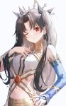 1girl ;( absurdres armlet bangs bare_shoulders black_bow bow breasts bridal_gauntlets closed_mouth commentary earrings eyebrows_visible_through_hair fate/grand_order fate_(series) hair_bow hand_on_hip hand_on_own_chest highres hoop_earrings ishtar_(fate) jewelry kerno long_hair looking_at_viewer medium_breasts navel parted_bangs red_eyes simple_background sleeveless solo two_side_up upper_body very_long_hair white_background 