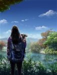  1girl bag black_hair blue_sky camera cloud commentary_request day forest geshi grass holding lake landscape long_hair mountain nature original pants plant reflection reflective_water scenery shirt sky solo tree 