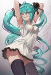  1girl ahoge armpits arms_behind_head arms_up bangs black_legwear black_ribbon blue_eyes blue_hair breasts commentary_request cowboy_shot dancing dress eyebrows_visible_through_hair eyes_visible_through_hair grin hair_between_eyes hair_ribbon hatsune_miku highres long_hair looking_at_viewer me!me!me! me!me!me!_dance_(meme) medium_breasts meme ribbon sleeveless sleeveless_dress smile solo standing supreme_(module) thighhighs torriet twintails very_long_hair vocaloid white_dress world_is_mine_(vocaloid) 