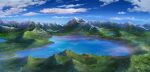  absurdres aki_(aki_k6) bird blue_sky cloud commentary_request flying forest grass highres island lake landscape mountain nature no_humans original plant scenery signature sky snow tree 