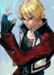  1boy blonde_hair blue_eyes fatal_fury fingerless_gloves gloves highres jacket looking_at_viewer male_focus mark_of_the_wolves oni_gini red_eyes rock_howard shirt short_hair simple_background solo the_king_of_fighters 