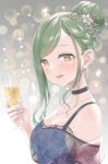  1girl :d absurdres alcohol alternate_costume alternate_hairstyle asymmetrical_bangs bangs black_choker blurry blush bokeh braid breasts champagne champagne_flute choker cleavage collarbone cup depth_of_field dress drinking_glass earrings french_braid glint gradient gradient_background green_hair hair_bun highres holding holding_cup idolmaster idolmaster_shiny_colors jewelry looking_at_viewer medium_breasts nail_polish nanakusa_hazuki necklace off-shoulder_dress off_shoulder see-through_dress smile solo umirororo upper_body 