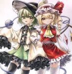  2girls ;d ascot bangs belt black_headwear black_legwear blonde_hair bow center_frills collared_shirt commentary_request crystal diamond_(shape) eyeball eyebrows_visible_through_hair flandre_scarlet frilled_shirt_collar frilled_skirt frilled_sleeves frills green_eyes green_hair green_skirt hat hat_ribbon highres hisako_(6anmbblfnjueeff) komeiji_koishi long_sleeves medium_hair mob_cap multiple_girls one_eye_closed one_side_up puffy_sleeves red_belt red_bow red_ribbon red_skirt red_vest ribbon shirt short_hair sidelocks skirt sleeves_past_fingers sleeves_past_wrists smile thighhighs third_eye touhou traditional_media vest wavy_hair white_background white_legwear wide_sleeves wings yellow_eyes yellow_neckwear yellow_ribbon yellow_shirt 