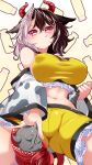  1girl :p animal_ears animal_print black_hair bottle breasts commentary_request covered_nipples cow_ears cow_horns cow_print cow_tail crop_top frilled_shorts frills from_below grey_hair haori highres horns japanese_clothes large_breasts milk_bottle muchin_jousha multicolored_hair navel red_eyes red_horns red_tail shorts smile solo split-color_hair statue tail tongue tongue_out touhou two-tone_hair ushizaki_urumi wily_beast_and_weakest_creature yellow_shorts 