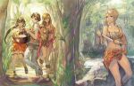  1boy 3girls ai_fa bandeau bangs blonde_hair blue_eyes braid breasts brown_eyes brown_hair cleavage closed_mouth collarbone cover_image dappled_sunlight day eyebrows_behind_hair forest hair_between_eyes hair_ornament hair_over_shoulder hands_up highres holding holding_pot holding_weapon isekai_ryouridou jewelry jungle kochimo large_breasts left-handed long_hair looking_at_another looking_away low_ponytail medium_breasts midriff multiple_girls nature navel necklace novel_illustration official_art on_rock outdoors photoshop_(medium) pot reina_ruu rock sandals sarong second-party_source siblings sisters sitting sitting_on_rock standing standing_on_one_leg sunlight textless thighs toes tsurumi_asuta very_long_hair vina_ruu weapon 