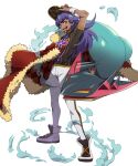  1boy argyle arm_up baseball_cap cape champion_uniform commentary_request dark-skinned_male dark_skin dragapult facial_hair floating_cape fur-trimmed_cape fur_trim hand_on_headwear hat highres leggings leon_(pokemon) long_hair looking_to_the_side male_focus open_mouth pokemon pokemon_(creature) pokemon_(game) pokemon_swsh purple_hair red_cape shield_print shirt shoes short_sleeves shorts standing sword_print teeth tongue white_background white_legwear white_shorts yellow_eyes yunoru 