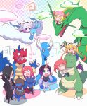  1boy 6+girls :d altaria alternate_color ayo_(ayosanri009) bangs black_hair black_legwear blonde_hair blue_eyes blue_shirt blush breasts brown_footwear buttons choice_scarf claws cloud collared_shirt commentary_request crossover deino_(pokemon) dragonair dragonite dress druddigon elma_(maidragon) fafnir_(maidragon) fang glasses hat highres holding horns ilulu_(maidragon) kanna_kamui kobayashi-san_chi_no_maidragon kobayashi_(maidragon) long_hair long_sleeves lucoa_(maidragon) maid_headdress multiple_girls o_o open_mouth pants pink_headwear pointing pokemon pokemon_(creature) rayquaza red_eyes riding riding_pokemon shiny_pokemon shirt shoes short_sleeves smile standing sweatdrop tailcoat thighhighs tohru_(maidragon) trait_connection white_shirt 