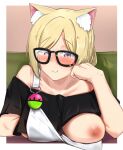  1girl aki_rosenthal alternate_costume animal_ear_fluff animal_ears arm_rest bangs black-framed_eyewear black_shirt blonde_hair blue_eyes blush breasts cat_ears closed_mouth clothes_pull commentary_request crop_top flashing gamarenji glasses hand_on_own_cheek hand_on_own_face hololive indoors long_hair looking_at_viewer medium_breasts naughty_face nipples off-shoulder_shirt off_shoulder one_breast_out oppai_challenge parted_bangs shirt short_sleeves smile solo suspenders twintails virtual_youtuber 