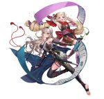  2girls absurdres alternate_costume arm_guards armor armpits bangs bare_shoulders black_gloves black_legwear blonde_hair blush bow bowtie breasts cape closed_mouth commentary_request corrin_(fire_emblem) corrin_(fire_emblem)_(female) earrings elbow_gloves elise_(fire_emblem) fingerless_gloves fire_emblem fire_emblem_fates fire_emblem_heroes floating floating_object full_body gloves hair_ornament hairband highres japanese_clothes jewelry long_hair looking_away medium_breasts multiple_girls ninja obi official_art open_mouth pelvic_curtain pointy_ears purple_eyes red_eyes sandals sash scroll senchat shin_guards shiny shiny_clothes shiny_hair shiny_skin shuriken_earrings silver_hair simple_background sleeveless smile soles sword thighhighs tied_hair toeless_legwear twintails weapon white_background 