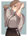  1girl adjusting_hair alternate_hairstyle arms_up bangs black_skirt blonde_hair brown_eyes commentary_request eyebrows_visible_through_hair fate/grand_order fate_(series) grey_kimono hair_between_eyes hair_tie hair_tie_in_mouth highres japanese_clothes kimono koha-ace looking_away mouth_hold okita_souji_(fate) okita_souji_(koha/ace) ponytail short_hair short_ponytail sidelocks skirt solo tying_hair usamimikurage wide_sleeves 