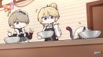  2girls :o apron baking balloon bangs bianka_durandal_ataegina black_dress black_sleeves blonde_hair blue_eyes blue_hair bowl brown_hair cat closed_mouth door dress hair_between_eyes hair_bun hair_over_one_eye highres holding holding_bowl honkai_(series) honkai_impact_3rd index_finger_raised indoors kitchen looking_at_animal maid maid_apron mole mole_under_eye multiple_girls official_art open_mouth polo_shirt purple_eyes rita_rossweisse shirt short_hair sleeveless sleeveless_dress sleeves_rolled_up stan_(honkai_impact) sweatdrop table wall white_shirt 