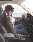  1girl absurdres bangs baseball_cap black_headwear blush breasts brown_eyes brown_hair brown_jacket car car_interior closed_mouth commentary denim driving english_commentary feet_out_of_frame free_style_(yohan1754) grey_pants ground_vehicle hair_between_eyes hat highres jacket jeans large_breasts left-hand_drive long_hair long_sleeves looking_at_viewer motor_vehicle open_clothes open_jacket original pants ponytail shirt sidelocks sitting sleeves_past_wrists smile solo steering_wheel white_shirt 