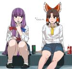  2girls alternate_costume alternate_eye_color apple_juice bad_id bad_twitter_id bangs benikurage_(cookie) black_eyes black_footwear blue_bow blue_skirt blunt_bangs bow brown_hair cigarette commentary_request cookie_(touhou) eyebrows_visible_through_hair feet_out_of_frame frilled_bow frilled_hair_tubes frills full_body hair_tubes hakurei_reimu juice_box long_hair long_sleeves looking_at_another looking_to_the_side medium_hair monster_energy multi-tied_hair multiple_girls necktie ohasi open_mouth panties pantyshot parted_bangs patchouli_knowledge pleated_skirt purple_hair purple_panties red_bow shirt shoes skirt smoking socks standing taisa_(cookie) touhou translation_request underwear white_legwear white_shirt yellow_necktie 