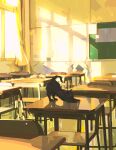  animal animal_focus black_cat black_fur cat chair classroom desk highres no_humans original painting school_chair school_desk snatti stretch sunlight tail 