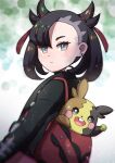  1girl asymmetrical_bangs backpack bag bangs black_hair black_jacket blurry blush closed_mouth commentary_request earrings eyelashes hair_ribbon he72oh highres in_bag in_container jacket jewelry marnie_(pokemon) morpeko morpeko_(full) pokemon pokemon_(creature) pokemon_(game) pokemon_swsh red_bag red_ribbon ribbon twintails 