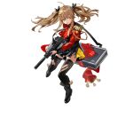  1girl black_bow black_dress black_footwear black_legwear boots bow breasts brown_hair dress english_text eyebrows_visible_through_hair girls&#039;_frontline gun h&amp;k_ump hair_bow high_heels holding holding_weapon jacket long_hair looking_at_viewer marching_band official_art open_mouth red_eyes red_jacket scar scar_across_eye scar_on_face solo standing submachine_gun tape thighhighs torn_clothes torn_dress torn_jacket torn_legwear transparent_background twintails ump9_(girls&#039;_frontline) uniform weapon weapon_case 