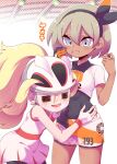  2girls :t bangs bea_(pokemon) bicycle_helmet bike_shorts black_bodysuit black_hairband blonde_hair blush bodysuit bodysuit_under_clothes bow_hairband chida_daisuke collared_shirt commentary_request covered_navel fingerless_gloves food food_on_face gloves grey_eyes grey_hair hair_between_eyes hairband hands_up helmet holding korrina_(pokemon) long_hair multiple_girls open_mouth pokemon pokemon_(anime) pokemon_swsh_(anime) ponytail print_shirt print_shorts shirt short_hair short_sleeves shorts side_slit side_slit_shorts single_glove sleeveless smile tongue translated 