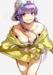  1girl backwards_hat bangs bare_shoulders baseball_cap bb_(fate) bb_(swimsuit_mooncancer)_(fate) bikini breasts cleavage collarbone commentary_request fate/grand_order fate_(series) hat hat_ornament highres jacket large_breasts long_hair long_sleeves looking_at_viewer open_mouth purple_eyes purple_hair skirt smile solo star_(symbol) star_hat_ornament swimsuit thighs very_long_hair white_bikini yellow_jacket yellow_skirt yoshio_(55level) 