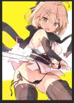  1girl ahoge armor ass_visible_through_thighs bangs bare_shoulders black_border black_bow black_legwear black_panties black_scarf blonde_hair blush border bow breasts caburi cowboy_shot eyebrows_visible_through_hair fate/grand_order fate_(series) hair_between_eyes hair_bow highres japanese_armor japanese_clothes katana kimono kote kurokote large_breasts medium_breasts obi okita_souji_(fate) okita_souji_(koha/ace) open_mouth panties sash scarf short_hair side-tie_panties skindentation solo sword thighhighs torn_clothes two-tone_background underwear weapon yellow_eyes 