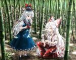  2girls baggy_pants bamboo bamboo_forest bamboo_shoot bangs black_footwear blue_dress blue_hair bow buttons closed_eyes collared_dress collared_shirt commentary_request dress eyebrows_visible_through_hair forest fujiwara_no_mokou grin hair_bow hat highres hisako_(6anmbblfnjueeff) kamishirasawa_keine long_hair long_sleeves multicolored_hair multiple_girls nature neckerchief ofuda ofuda_on_clothes open_mouth pants puffy_short_sleeves puffy_sleeves red_bow red_footwear red_neckerchief red_pants shirt shoes short_sleeves sidelocks silver_hair sleeve_garter smile socks suspenders tokin_hat touhou traditional_media two-tone_hair very_long_hair white_bow white_hair white_legwear white_shirt yellow_eyes 
