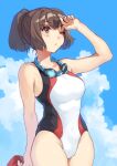  1girl blue_sky breasts brown_eyes brown_hair cloud commentary_request competition_swimsuit day goggles goggles_around_neck hair_ribbon ise_(kancolle) kantai_collection large_breasts looking_up mitsuyo_(mituyo324) multicolored_clothes multicolored_swimsuit one-piece_swimsuit ponytail ribbon short_hair sky solo swimsuit white_swimsuit 