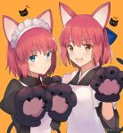  2girls :3 animal_ears animal_hands aoten_(aoiroarekore) apron bangs black_dress black_kimono blue_bow blue_eyes blush bow brown_eyes cat_ears cat_paws cat_tail closed_mouth commentary_request dress eyebrows_visible_through_hair fake_animal_ears fake_tail fang gloves hair_between_eyes hair_bow half_updo halloween halloween_costume hisui_(tsukihime) japanese_clothes juliet_sleeves kimono kohaku_(tsukihime) long_sleeves looking_at_viewer maid maid_apron maid_headdress multiple_girls neck_ribbon open_mouth paw_gloves puffy_sleeves red_hair red_neckwear red_ribbon ribbon short_hair siblings sisters skin_fang smile tail tongue tsukihime twins twitter_username upper_body wa_maid white_apron yellow_background 