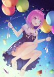  1girl absurdres ahoge balloon bangs blue_dress blue_eyes blurry blurry_foreground blush breasts commentary_request confetti convenient_leg crescent_necklace dress frilled_dress frills full_body gradient_hair hair_ornament hairclip heterochromia highres himemori_luna holding holding_balloon hololive jewelry kage_(ka_9e_4su) legs looking_at_viewer medium_hair multicolored_hair necklace off-shoulder_dress off_shoulder official_alternate_costume open_mouth outdoors pink_hair print_dress purple_eyes purple_hair shadow shiny shiny_hair sky small_breasts solo star_(sky) starry_sky swept_bangs thighs virtual_youtuber white_footwear white_legwear 