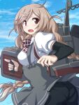  1girl 547th_sy arm_warmers ass blue_sky blush bow bowtie braid breasts brown_eyes cannon cloud cloud_hair_ornament cloudy_sky day eyebrows_visible_through_hair gradient_hair grey_skirt hair_between_eyes highres kantai_collection light_brown_hair long_hair looking_at_viewer looking_to_the_side low_twin_braids medium_breasts minegumo_(kancolle) multicolored_hair open_mouth outdoors panties_under_shorts plaid plaid_bow plaid_bowtie plaid_neckwear pleated_skirt red_bow red_bowtie red_eyes red_neckwear shirt skirt sky smokestack solo suspender_skirt suspenders turret twin_braids upper_body white_shirt 
