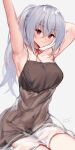  1girl arm_behind_head armpits arms_up bangs bare_arms blush breasts brown_dress choker closed_mouth commentary_request commission cowboy_shot dress eyebrows_visible_through_hair hair_between_eyes hakase_fuyuki highres large_breasts long_hair looking_at_viewer miyasaka_miyabi nijisanji pixiv_request ponytail red_eyes red_ribbon ribbon ribbon_choker see-through simple_background sitting smile solo stretch twitter_username virtual_youtuber white_background 