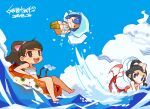  3girls blue_eyes brown_hair closed_mouth cloud high_ponytail innertube jibanyan kodama_fumika long_hair mota multiple_girls ningyo_(youkai_watch) ocean open_mouth ponytail smile swimsuit youkai_watch yukionna_(youkai_watch) 