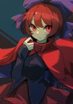  1girl black_shirt blue_background blue_bow bow breasts cape cloak closed_mouth commentary dullahan hair_bow highres long_sleeves myuga66666 one-hour_drawing_challenge purple_bow red_cloak red_eyes red_hair red_skirt sekibanki shirt short_hair sidelocks skirt solo touhou 