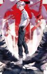  1boy absurdres bangs black_pants collar commentary_request from_side full_body grey_hair hair_between_eyes hands_in_pockets highres lance_of_longinus looking_at_viewer male_focus nagisa_kaworu neon_genesis_evangelion pants rebuild_of_evangelion red_eyes shoes short_hair solo standing yoshio_(55level) 