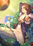  1girl apple blanket blurry blurry_foreground branch breasts brown_eyes brown_hair cleavage closed_mouth collarbone commentary_request commission cowboy_shot day dress eating food fruit fur-trimmed_dress fur_trim grass hair_ornament hairclip hide_(hideout) highres holding holding_food holding_fruit leaf long_hair long_sleeves looking_away original outdoors picnic picnic_basket plate purple_dress skeb_commission solo 