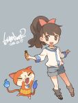  1girl brown_eyes brown_hair hair_ribbon high_ponytail highres jibanyan kodama_fumika long_hair mota open_mouth ponytail ribbon shorts simple_background smile tail tail-tip_fire watch youkai youkai_watch 