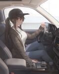  1girl absurdres bangs baseball_cap blush breasts brown_eyes brown_hair brown_jacket car car_interior denim driving feet_out_of_frame free_style_(yohan1754) ground_vehicle hat highres jacket jeans large_breasts left-hand_drive long_hair long_sleeves looking_at_viewer motor_vehicle open_clothes open_jacket original pants ponytail shirt sitting sleeves_past_wrists smile solo steering_wheel white_shirt 