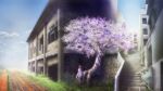  1girl abandoned brown_hair building cherry_blossoms cloud commentary_request day dress full_body geshi grass original pink_dress plant railroad_tracks ruins scenery shoes short_hair sky solo stairs tree 