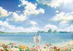  1boy 1girl bird black_hair blue_sky brown_hair cloud cloudy_sky commentary_request dress flower flying forest geshi landscape long_hair mountain nature original pants plant ponytail scenery shirt sky sunlight tree white_dress 