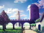  blue_sky building clock clock_tower cloud commentary_request fence forest geshi grass nature no_humans original path plant scenery shade sky sunlight tower tree 
